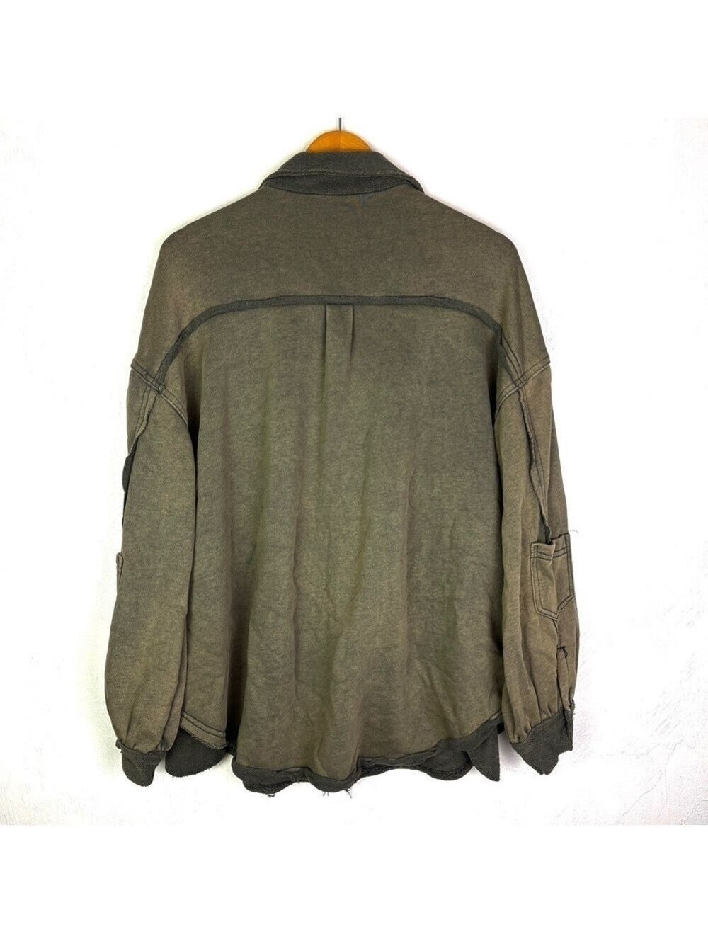 POL French Terry Button Down Shacket Brown Green Medium - Picture 3 of 5